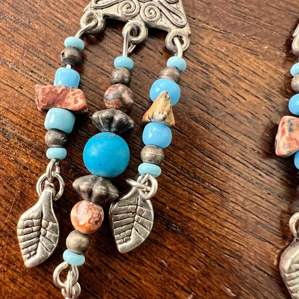 Boho Faux Turquoise Necklace and Earring Set Silver Tone Southwestern Artsy